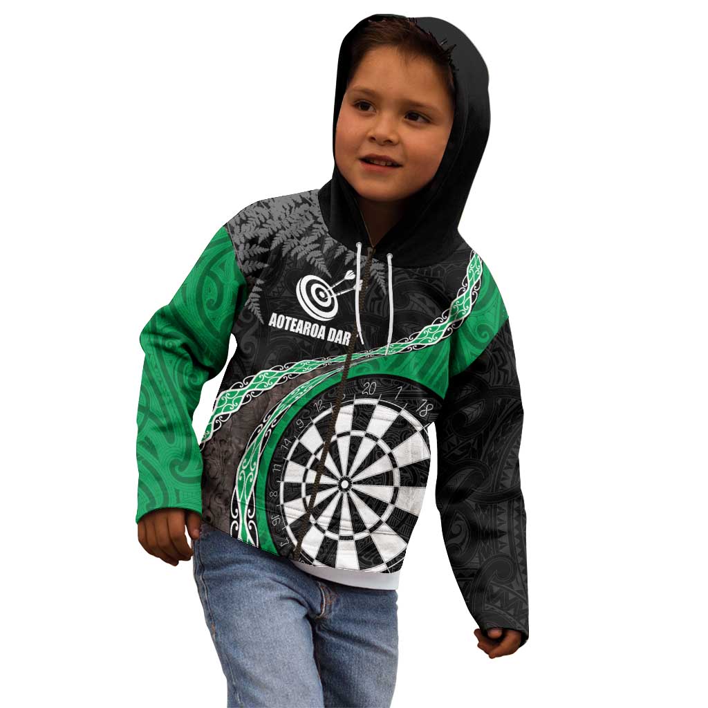 Personalised New Zealand Darts Kid Hoodie Koru Tribal Tattoo and Silver Fern Maori Pattern Green Color LT03 - Polynesian Pride