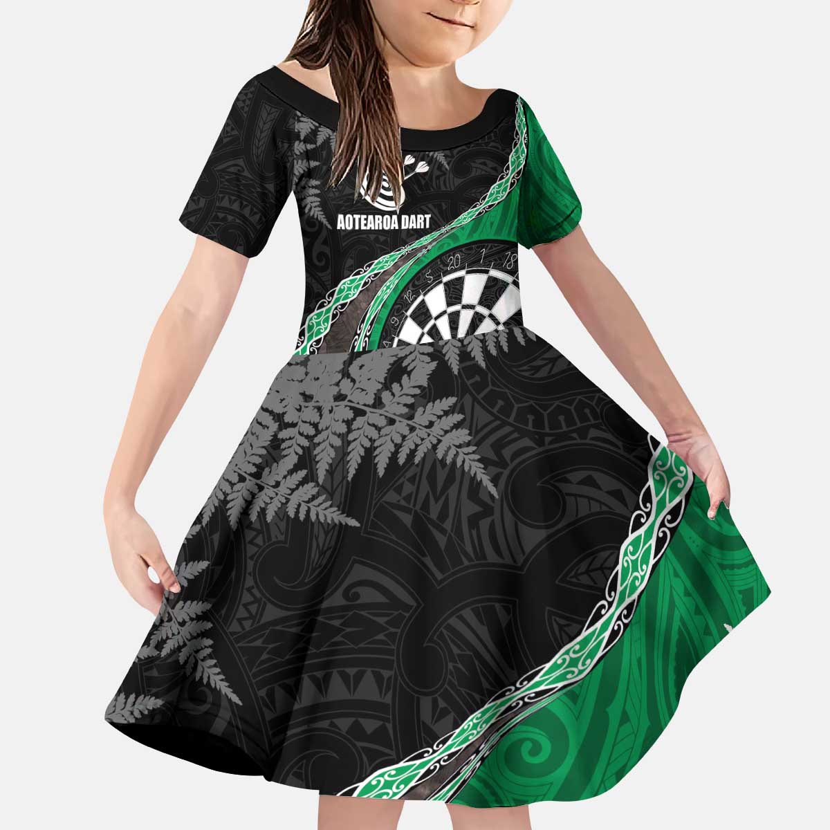 Personalised New Zealand Darts Kid Short Sleeve Dress Koru Tribal Tattoo and Silver Fern Maori Pattern Green Color LT03 KID Green - Polynesian Pride