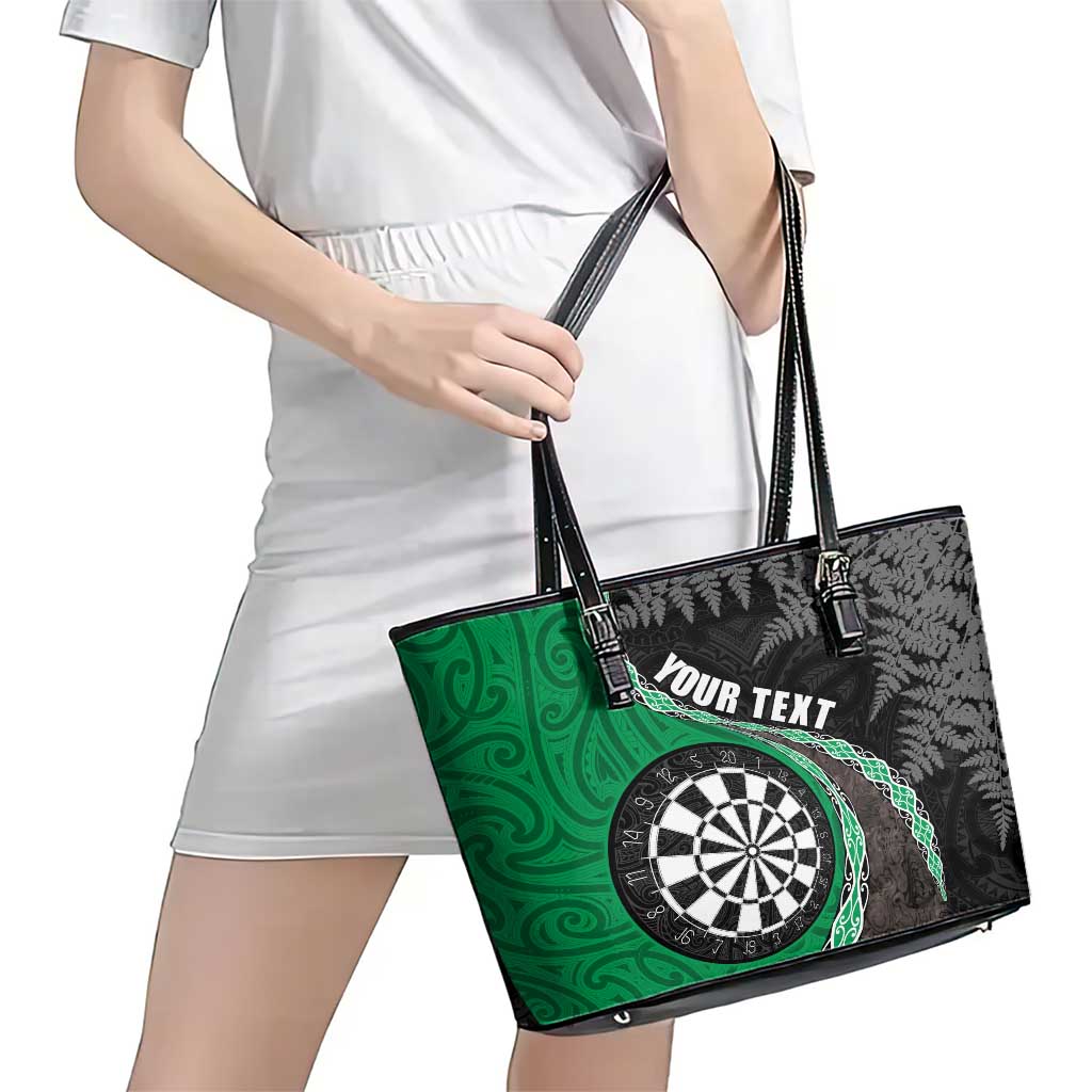 Personalised New Zealand Darts Leather Tote Bag Koru Tribal Tattoo and Silver Fern Maori Pattern Green Color LT03 - Polynesian Pride