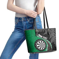Personalised New Zealand Darts Leather Tote Bag Koru Tribal Tattoo and Silver Fern Maori Pattern Green Color LT03 - Polynesian Pride