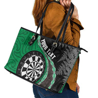 Personalised New Zealand Darts Leather Tote Bag Koru Tribal Tattoo and Silver Fern Maori Pattern Green Color LT03 - Polynesian Pride