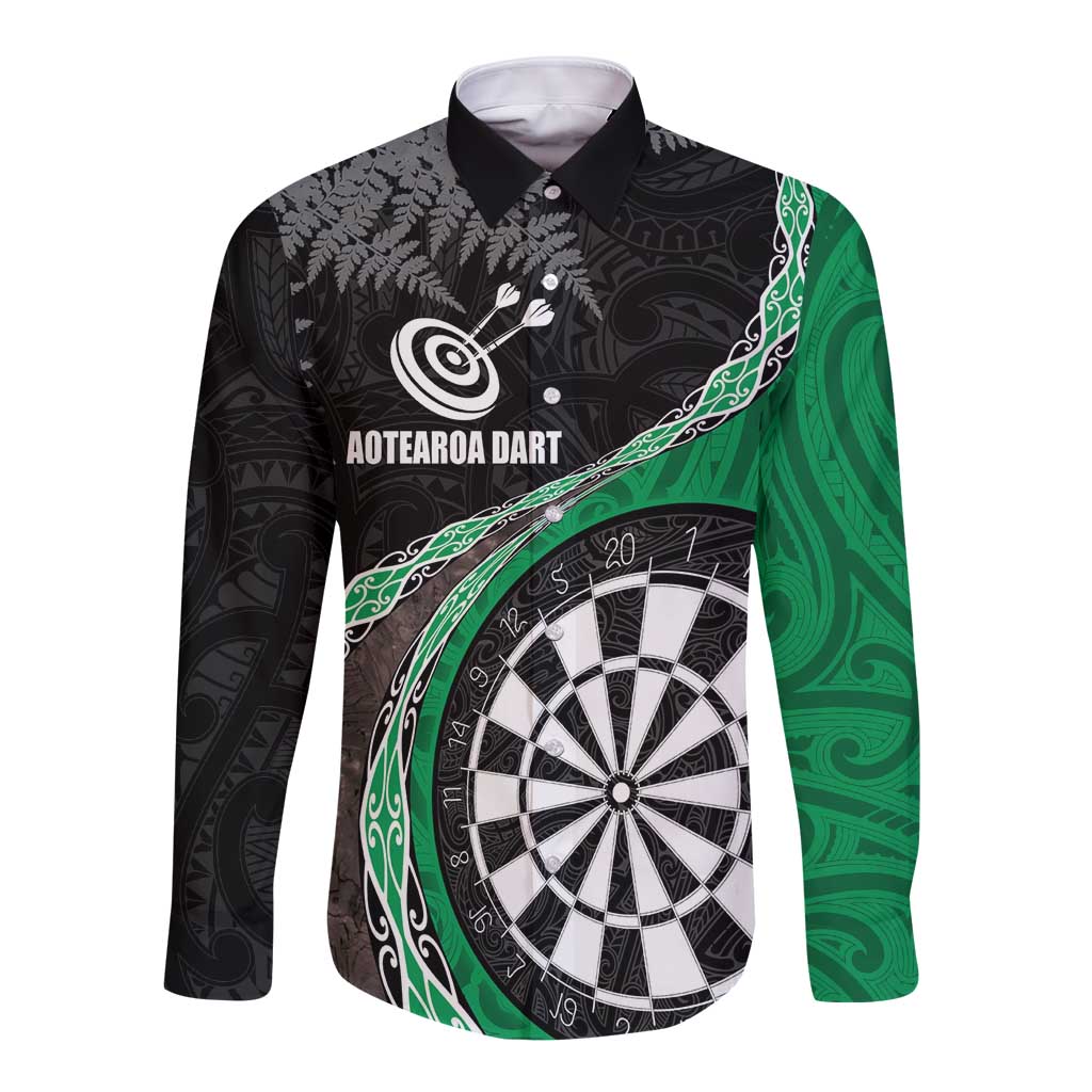 Personalised New Zealand Darts Long Sleeve Button Shirt Koru Tribal Tattoo and Silver Fern Maori Pattern Green Color LT03 Unisex Green - Polynesian Pride