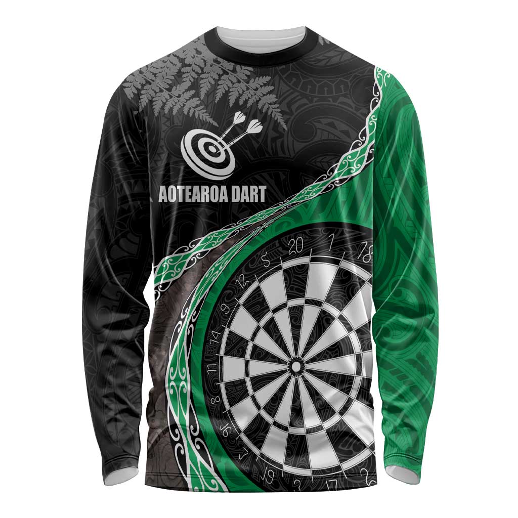 Personalised New Zealand Darts Long Sleeve Shirt Koru Tribal Tattoo and Silver Fern Maori Pattern Green Color LT03 Unisex Green - Polynesian Pride
