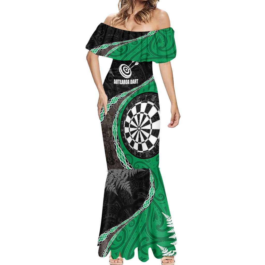 Personalised New Zealand Darts Mermaid Dress Koru Tribal Tattoo and Silver Fern Maori Pattern Green Color LT03 - Polynesian Pride