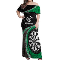 Personalised New Zealand Darts Off Shoulder Maxi Dress Koru Tribal Tattoo and Silver Fern Maori Pattern Green Color LT03 Women Green - Polynesian Pride
