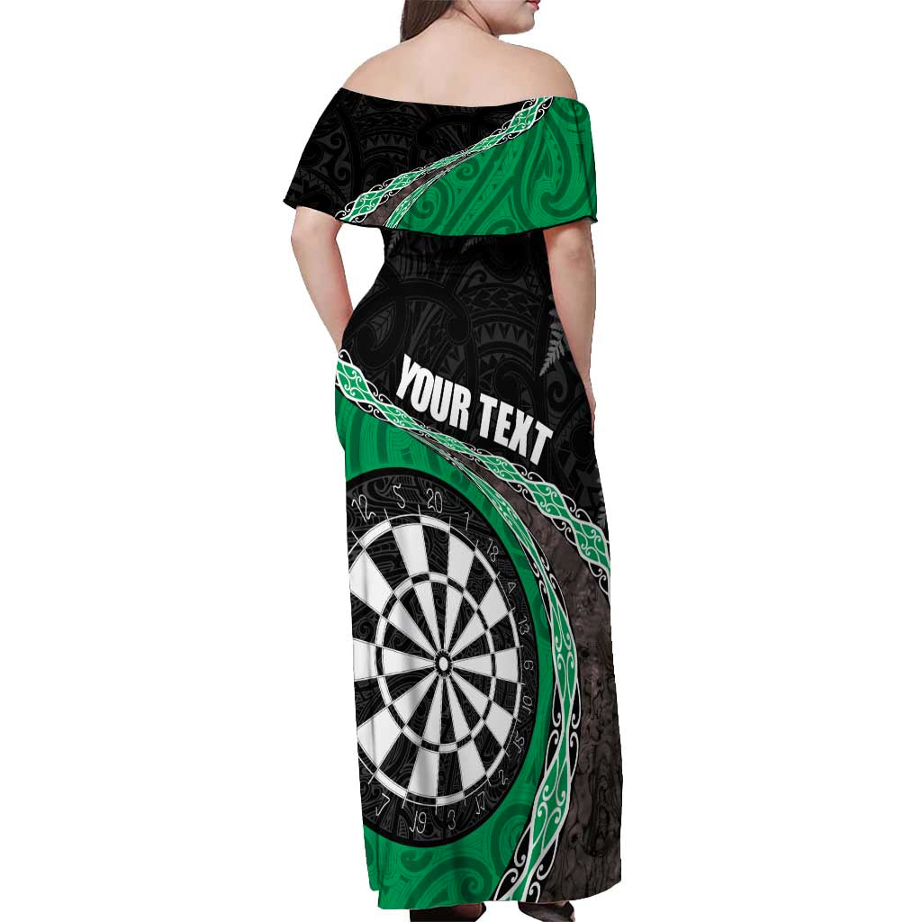 Personalised New Zealand Darts Off Shoulder Maxi Dress Koru Tribal Tattoo and Silver Fern Maori Pattern Green Color LT03 - Polynesian Pride