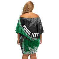 Personalised New Zealand Darts Off Shoulder Short Dress Koru Tribal Tattoo and Silver Fern Maori Pattern Green Color LT03 - Polynesian Pride