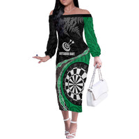 Personalised New Zealand Darts Off The Shoulder Long Sleeve Dress Koru Tribal Tattoo and Silver Fern Maori Pattern Green Color LT03 Women Green - Polynesian Pride