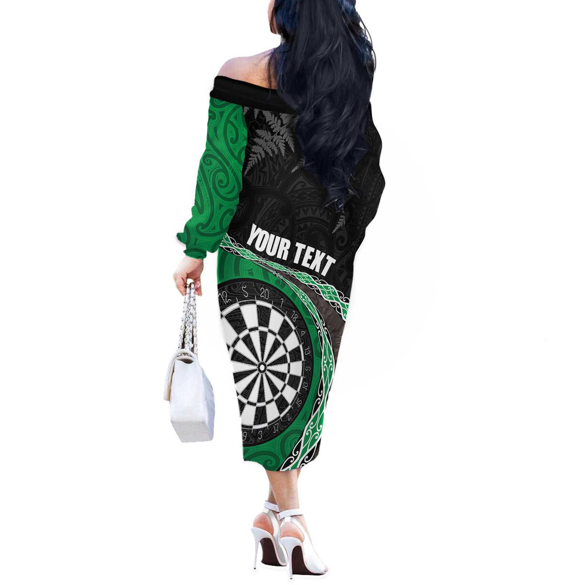 Personalised New Zealand Darts Off The Shoulder Long Sleeve Dress Koru Tribal Tattoo and Silver Fern Maori Pattern Green Color LT03 - Polynesian Pride