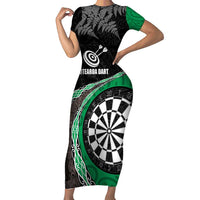 Personalised New Zealand Darts Short Sleeve Bodycon Dress Koru Tribal Tattoo and Silver Fern Maori Pattern Green Color LT03 Long Dress Green - Polynesian Pride
