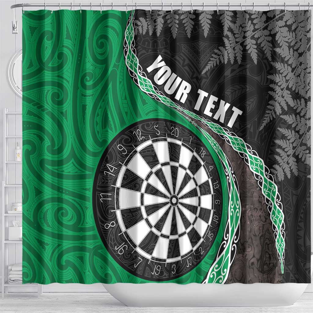 Personalised New Zealand Darts Shower Curtain Koru Tribal Tattoo and Silver Fern Maori Pattern Green Color LT03 - Polynesian Pride