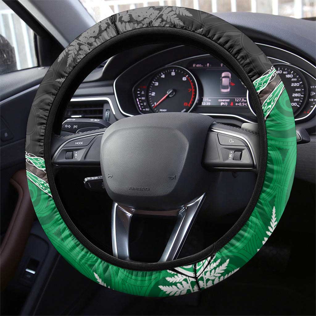 New Zealand Darts Steering Wheel Cover Koru Tribal Tattoo and Silver Fern Maori Pattern Green Color LT03 - Polynesian Pride