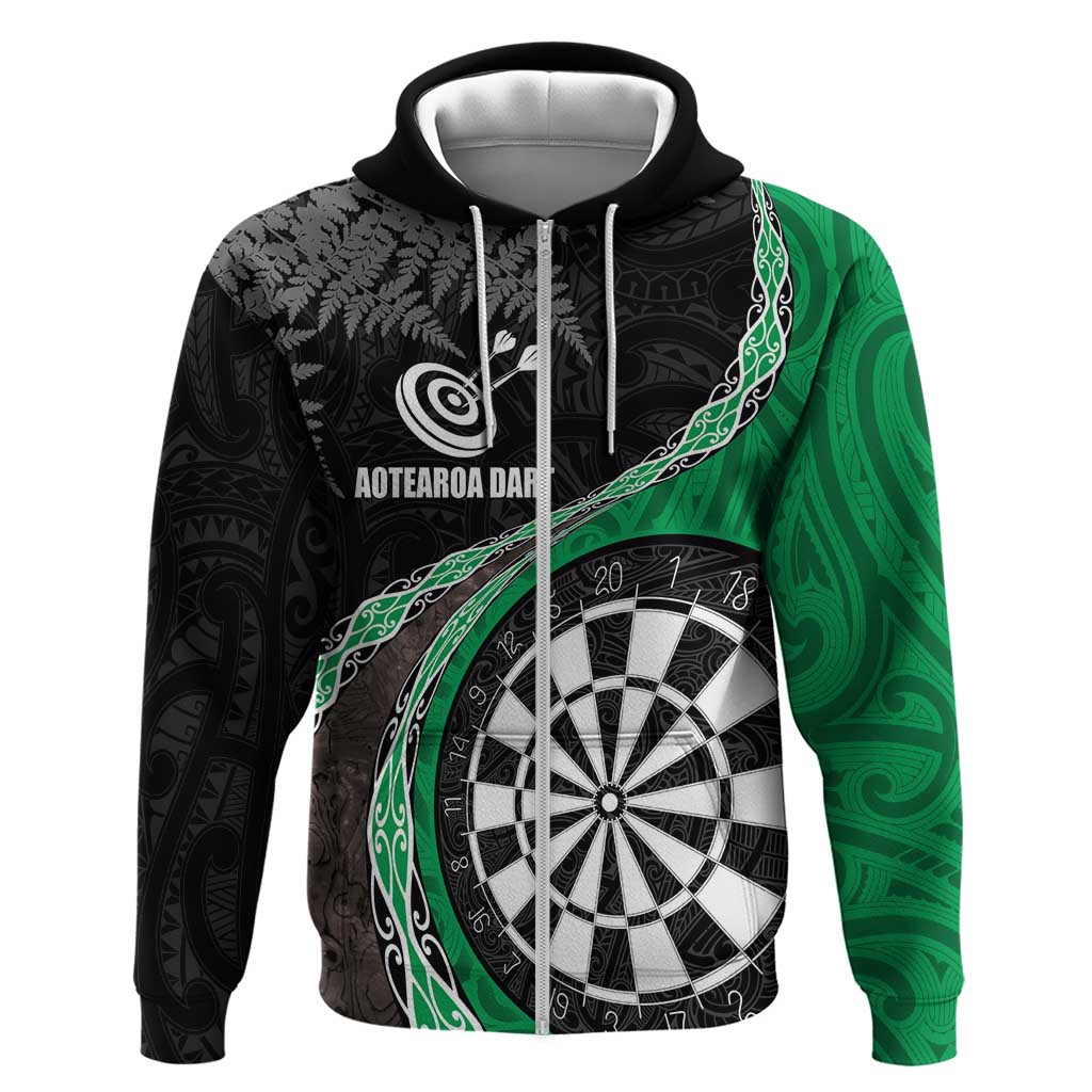 Personalised New Zealand Darts Zip Hoodie Koru Tribal Tattoo and Silver Fern Maori Pattern Green Color LT03 Zip Hoodie Green - Polynesian Pride