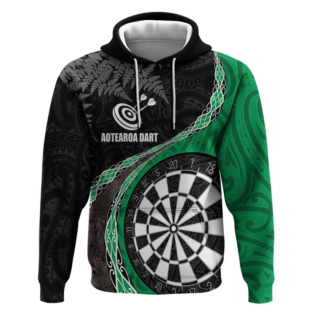 Personalised New Zealand Darts Zip Hoodie Koru Tribal Tattoo and Silver Fern Maori Pattern Green Color LT03 Pullover Hoodie Green - Polynesian Pride
