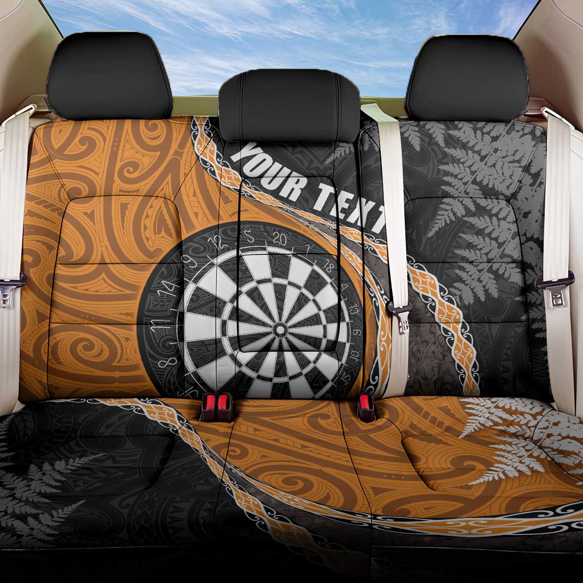 Personalised New Zealand Darts Back Car Seat Cover Koru Tribal Tattoo and Silver Fern Maori Pattern Orange Color LT03 One Size Orange - Polynesian Pride