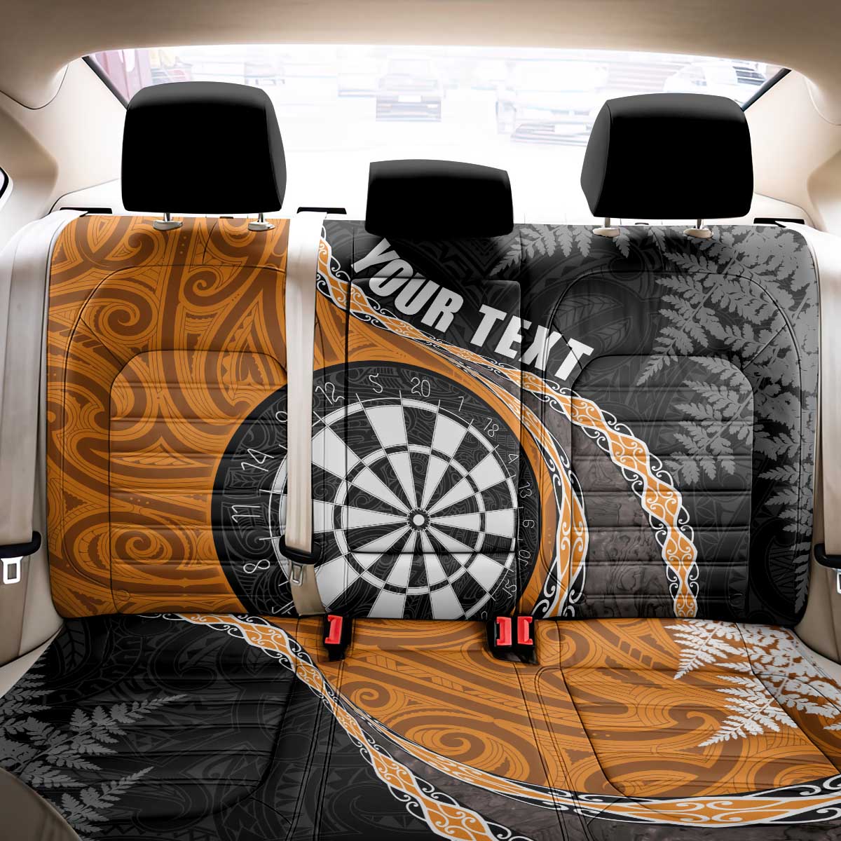 Personalised New Zealand Darts Back Car Seat Cover Koru Tribal Tattoo and Silver Fern Maori Pattern Orange Color LT03 - Polynesian Pride