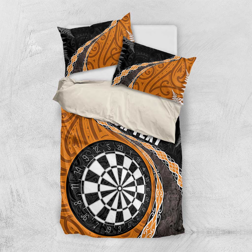 Personalised New Zealand Darts Bedding Set Koru Tribal Tattoo and Silver Fern Maori Pattern Orange Color