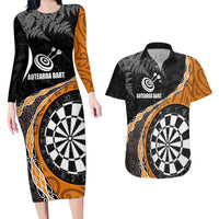 Personalised New Zealand Darts Couples Matching Long Sleeve Bodycon Dress and Hawaiian Shirt Koru Tribal Tattoo and Silver Fern Maori Pattern Orange Color LT03 Orange - Polynesian Pride