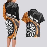 Personalised New Zealand Darts Couples Matching Long Sleeve Bodycon Dress and Hawaiian Shirt Koru Tribal Tattoo and Silver Fern Maori Pattern Orange Color LT03 - Polynesian Pride