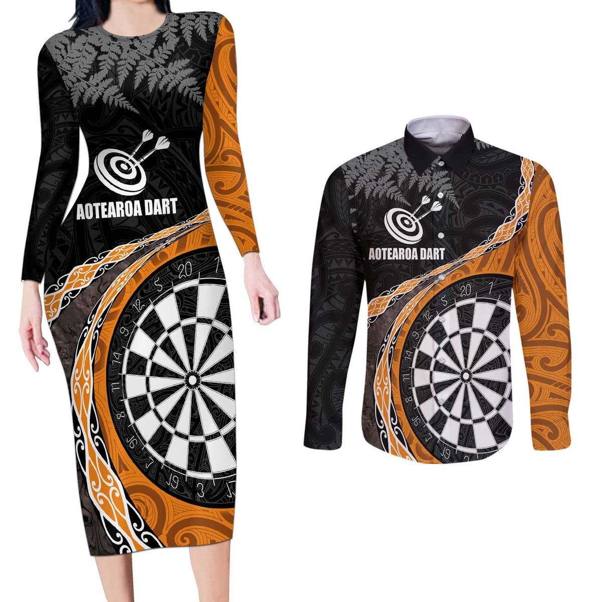 Personalised New Zealand Darts Couples Matching Long Sleeve Bodycon Dress and Long Sleeve Button Shirt Koru Tribal Tattoo and Silver Fern Maori Pattern Orange Color LT03 Orange - Polynesian Pride