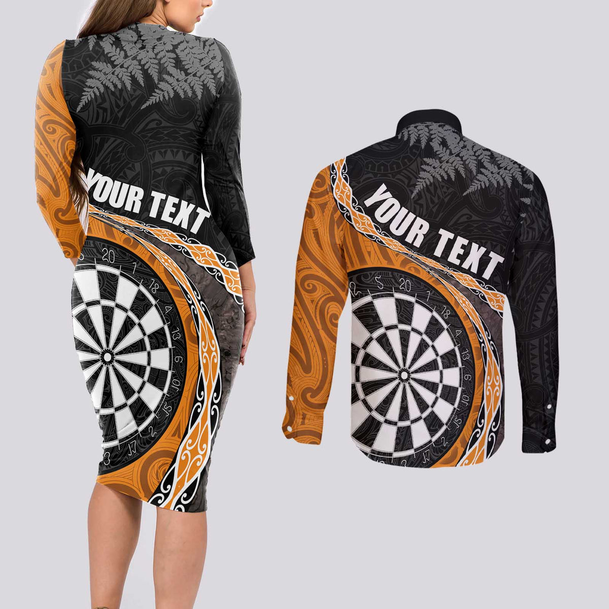 Personalised New Zealand Darts Couples Matching Long Sleeve Bodycon Dress and Long Sleeve Button Shirt Koru Tribal Tattoo and Silver Fern Maori Pattern Orange Color LT03 - Polynesian Pride