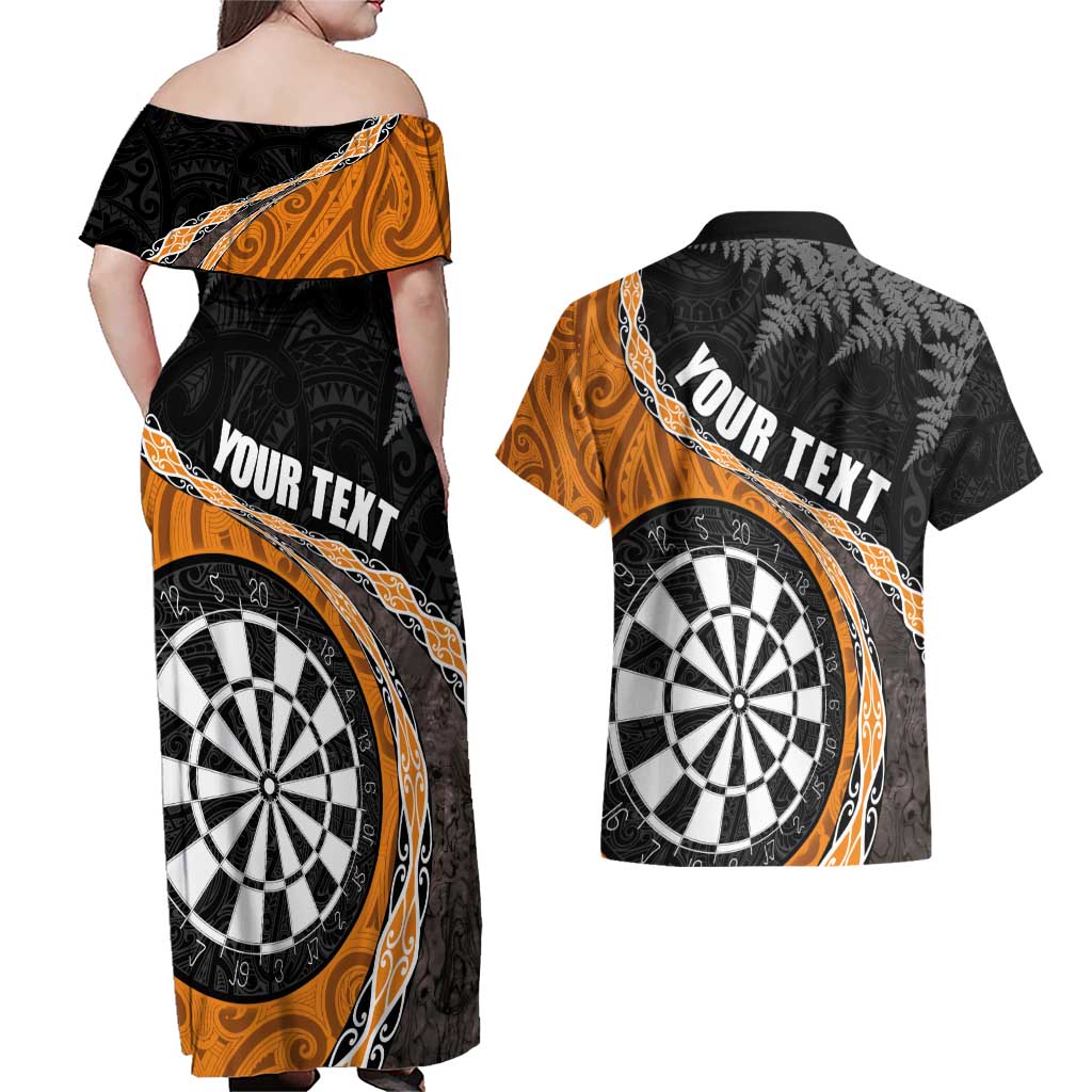 Personalised New Zealand Darts Couples Matching Off Shoulder Maxi Dress and Hawaiian Shirt Koru Tribal Tattoo and Silver Fern Maori Pattern Orange Color LT03 - Polynesian Pride