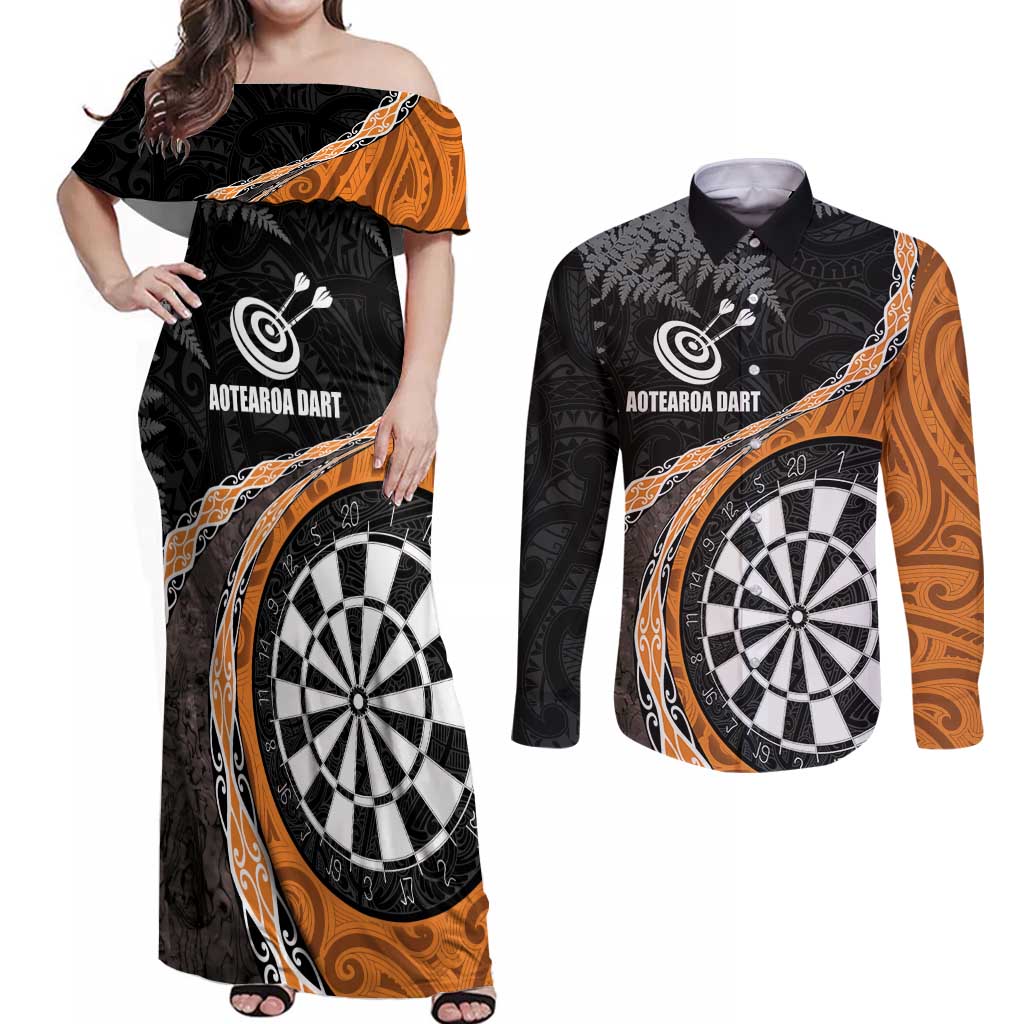 Personalised New Zealand Darts Couples Matching Off Shoulder Maxi Dress and Long Sleeve Button Shirt Koru Tribal Tattoo and Silver Fern Maori Pattern Orange Color LT03 Orange - Polynesian Pride