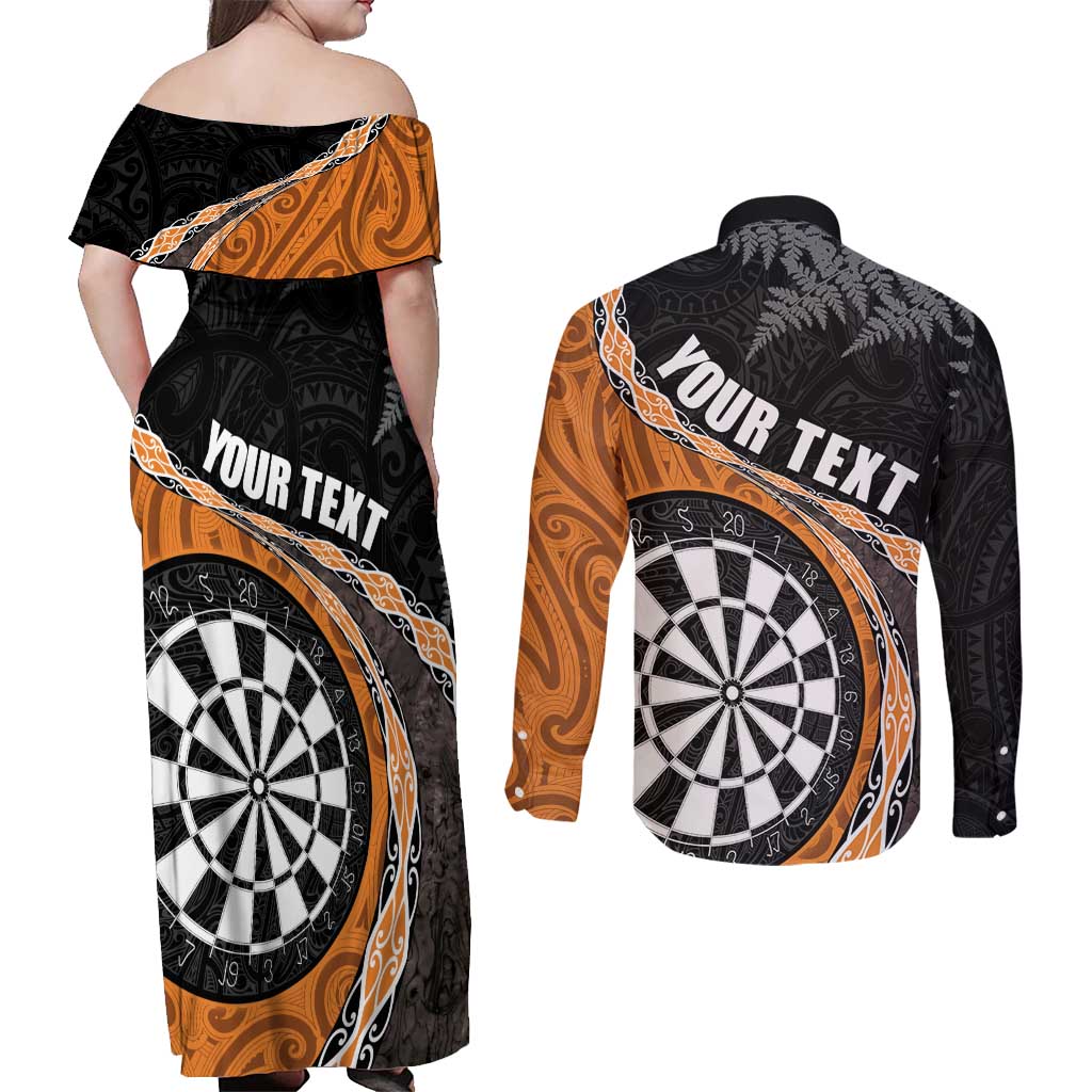 Personalised New Zealand Darts Couples Matching Off Shoulder Maxi Dress and Long Sleeve Button Shirt Koru Tribal Tattoo and Silver Fern Maori Pattern Orange Color LT03 - Polynesian Pride