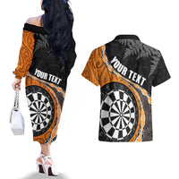 Personalised New Zealand Darts Couples Matching Off The Shoulder Long Sleeve Dress and Hawaiian Shirt Koru Tribal Tattoo and Silver Fern Maori Pattern Orange Color LT03 - Polynesian Pride