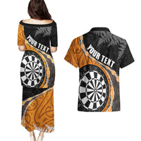 Personalised New Zealand Darts Couples Matching Puletasi and Hawaiian Shirt Koru Tribal Tattoo and Silver Fern Maori Pattern Orange Color LT03 - Polynesian Pride