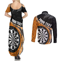 Personalised New Zealand Darts Couples Matching Summer Maxi Dress and Long Sleeve Button Shirt Koru Tribal Tattoo and Silver Fern Maori Pattern Orange Color LT03 - Polynesian Pride