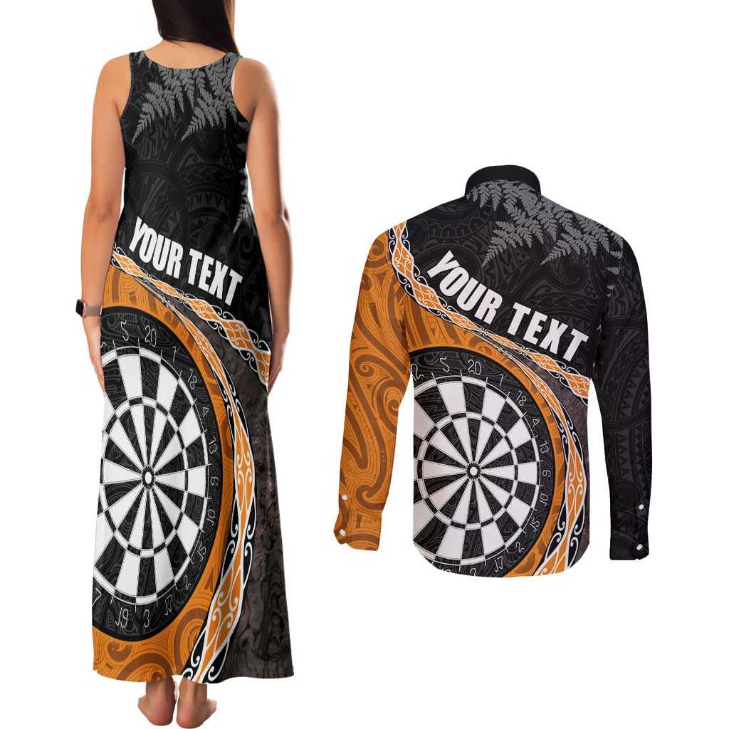 Personalised New Zealand Darts Couples Matching Tank Maxi Dress and Long Sleeve Button Shirt Koru Tribal Tattoo and Silver Fern Maori Pattern Orange Color LT03 - Polynesian Pride