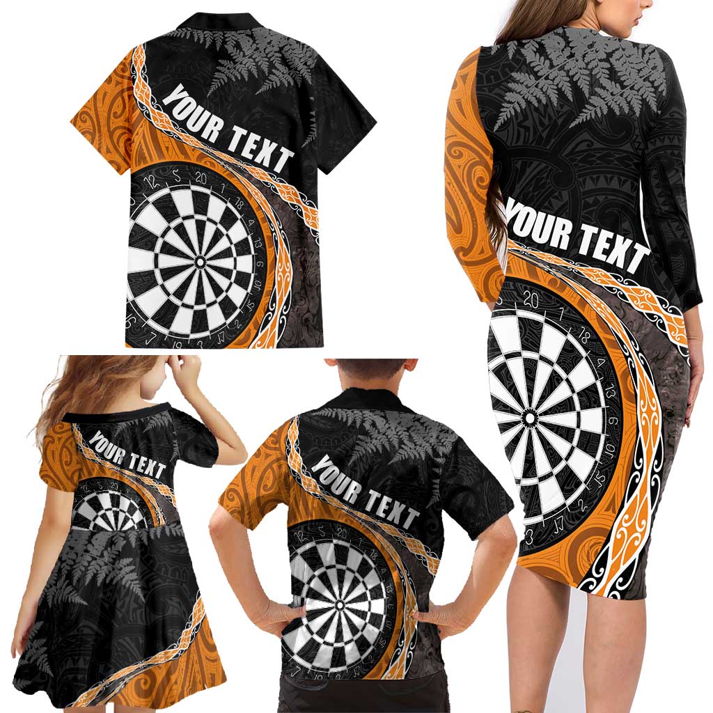 Personalised New Zealand Darts Family Matching Long Sleeve Bodycon Dress and Hawaiian Shirt Koru Tribal Tattoo and Silver Fern Maori Pattern Orange Color LT03 - Polynesian Pride