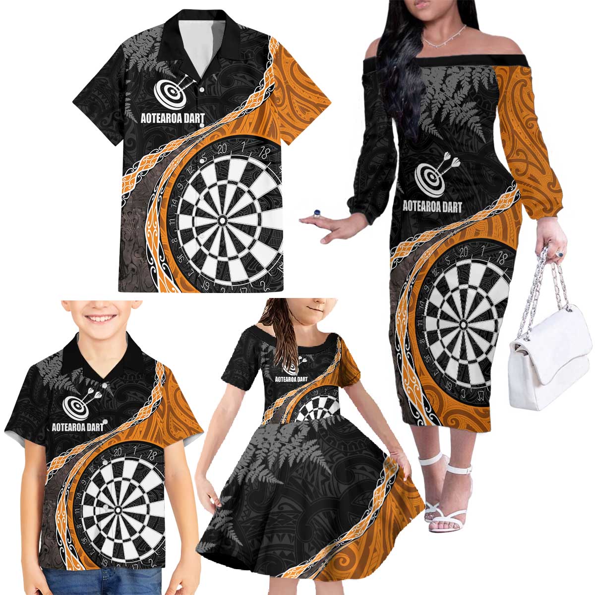 Personalised New Zealand Darts Family Matching Off The Shoulder Long Sleeve Dress and Hawaiian Shirt Koru Tribal Tattoo and Silver Fern Maori Pattern Orange Color LT03 - Polynesian Pride