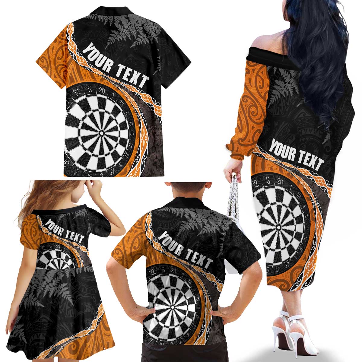 Personalised New Zealand Darts Family Matching Off The Shoulder Long Sleeve Dress and Hawaiian Shirt Koru Tribal Tattoo and Silver Fern Maori Pattern Orange Color LT03 - Polynesian Pride