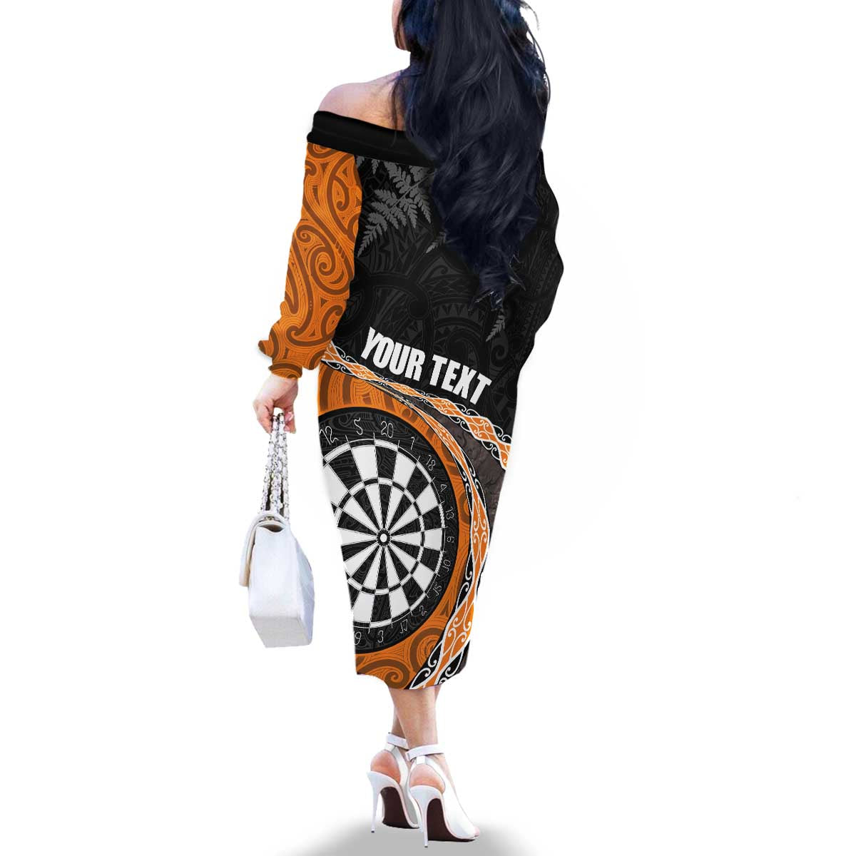 Personalised New Zealand Darts Family Matching Off The Shoulder Long Sleeve Dress and Hawaiian Shirt Koru Tribal Tattoo and Silver Fern Maori Pattern Orange Color LT03 - Polynesian Pride