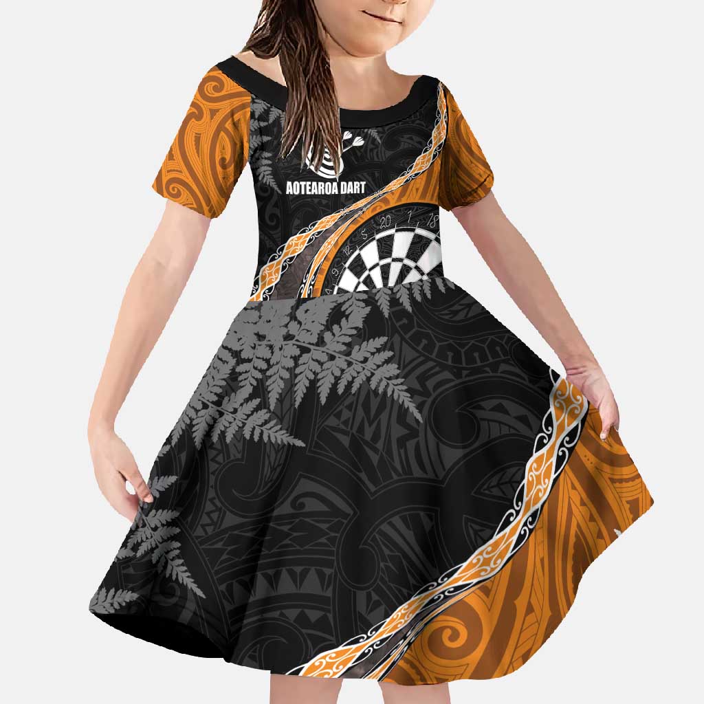 Personalised New Zealand Darts Family Matching Off Shoulder Maxi Dress and Hawaiian Shirt Koru Tribal Tattoo and Silver Fern Maori Pattern Orange Color LT03 Daughter's Dress Orange - Polynesian Pride