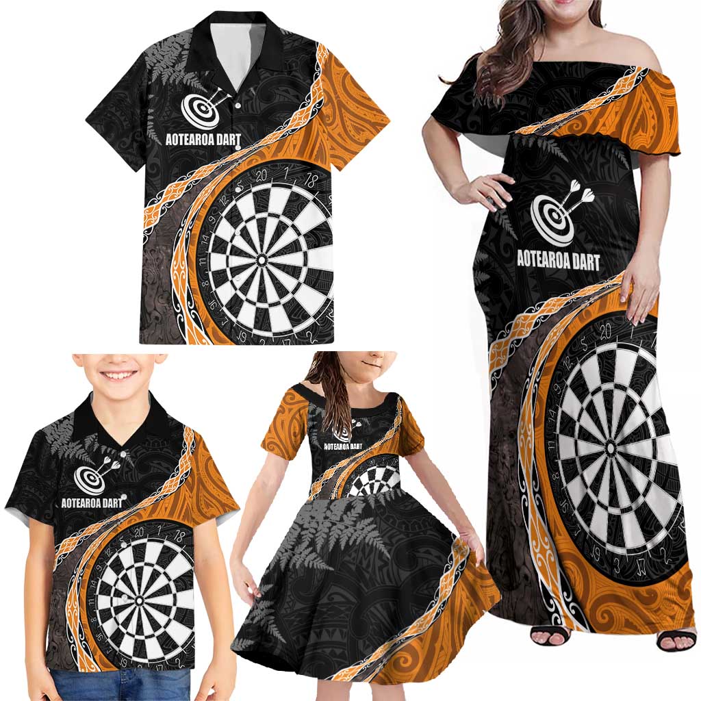 Personalised New Zealand Darts Family Matching Off Shoulder Maxi Dress and Hawaiian Shirt Koru Tribal Tattoo and Silver Fern Maori Pattern Orange Color LT03 - Polynesian Pride