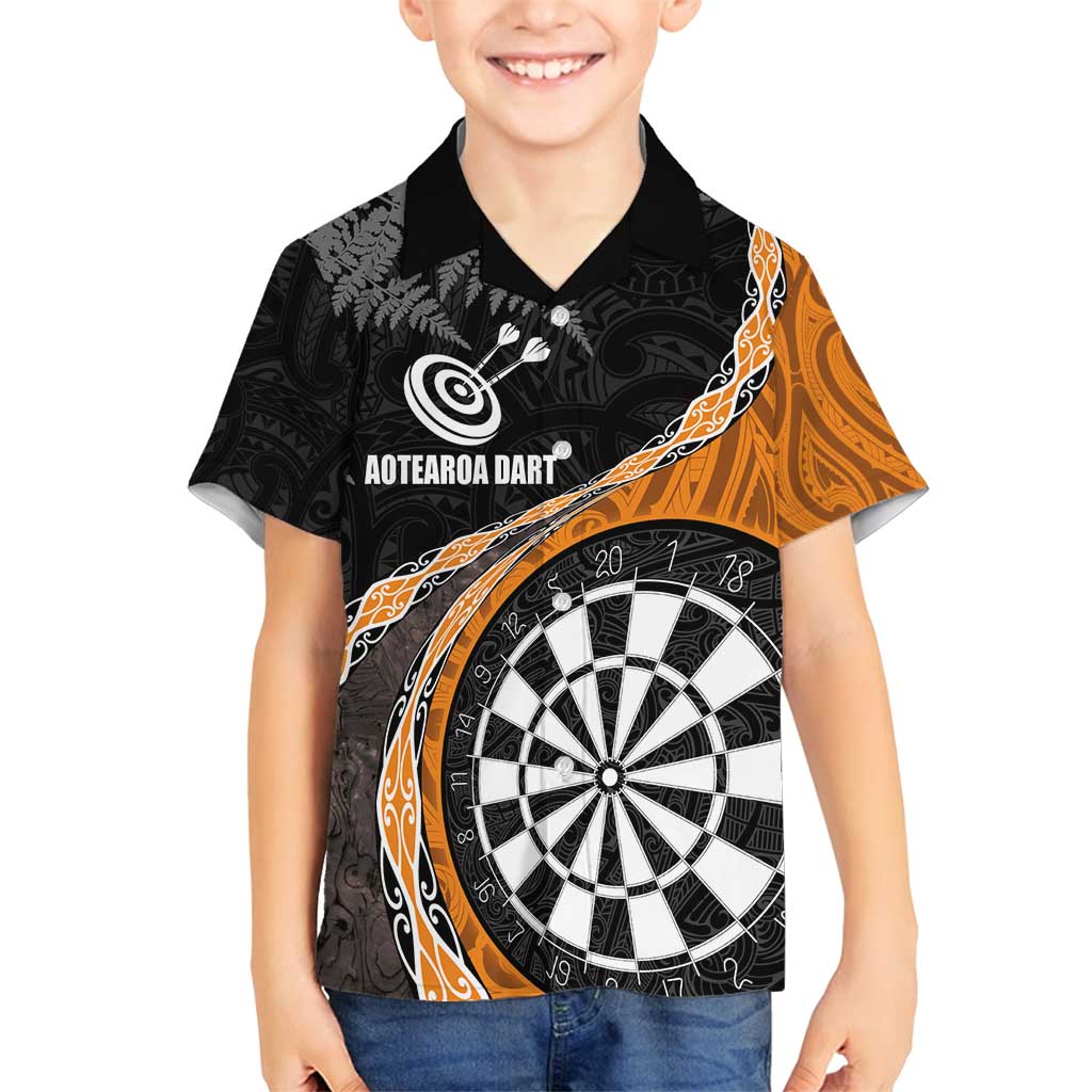 Personalised New Zealand Darts Family Matching Off Shoulder Maxi Dress and Hawaiian Shirt Koru Tribal Tattoo and Silver Fern Maori Pattern Orange Color LT03 Son's Shirt Orange - Polynesian Pride