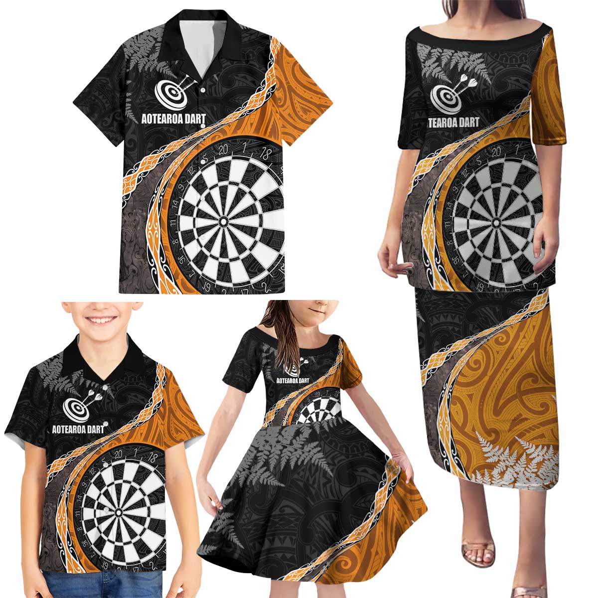 Personalised New Zealand Darts Family Matching Puletasi and Hawaiian Shirt Koru Tribal Tattoo and Silver Fern Maori Pattern Orange Color LT03 - Polynesian Pride