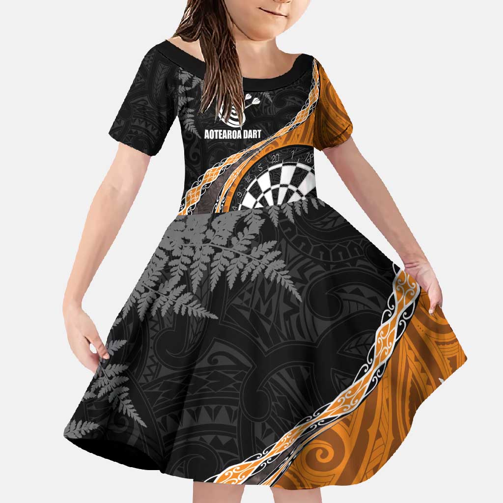 Personalised New Zealand Darts Family Matching Tank Maxi Dress and Hawaiian Shirt Koru Tribal Tattoo and Silver Fern Maori Pattern Orange Color LT03 Daughter's Dress Orange - Polynesian Pride