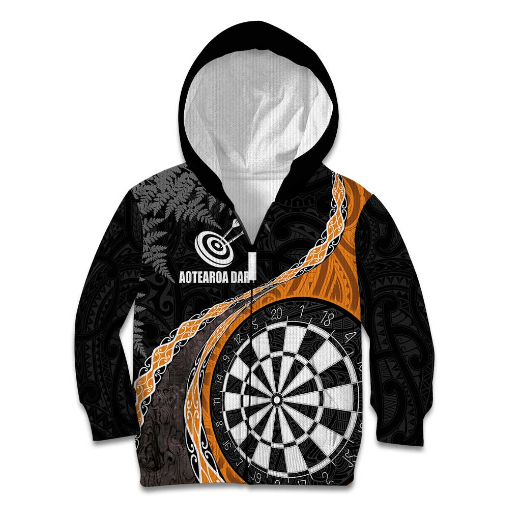 Personalised New Zealand Darts Kid Hoodie Koru Tribal Tattoo and Silver Fern Maori Pattern Orange Color LT03 Zip Hoodie Orange - Polynesian Pride