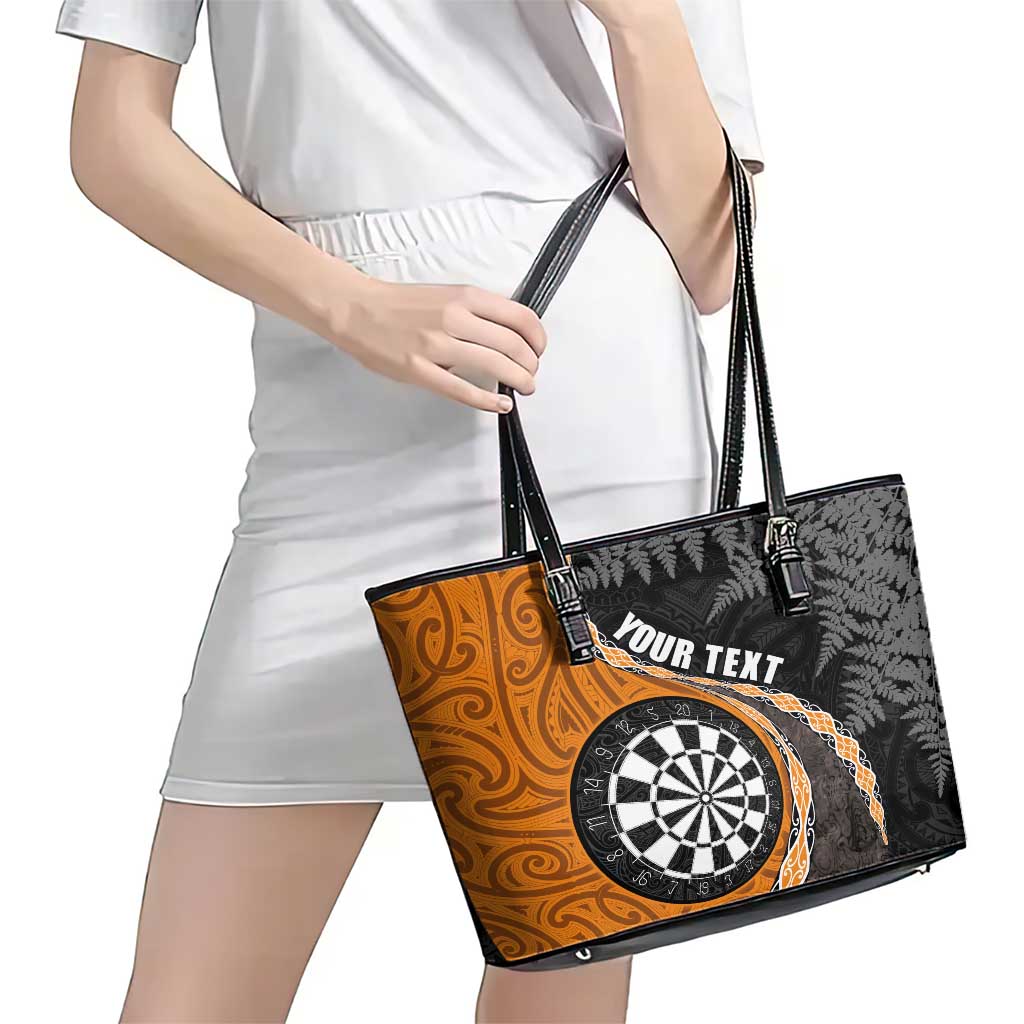 Personalised New Zealand Darts Leather Tote Bag Koru Tribal Tattoo and Silver Fern Maori Pattern Orange Color LT03 - Polynesian Pride