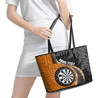 Personalised New Zealand Darts Leather Tote Bag Koru Tribal Tattoo and Silver Fern Maori Pattern Orange Color LT03 - Polynesian Pride