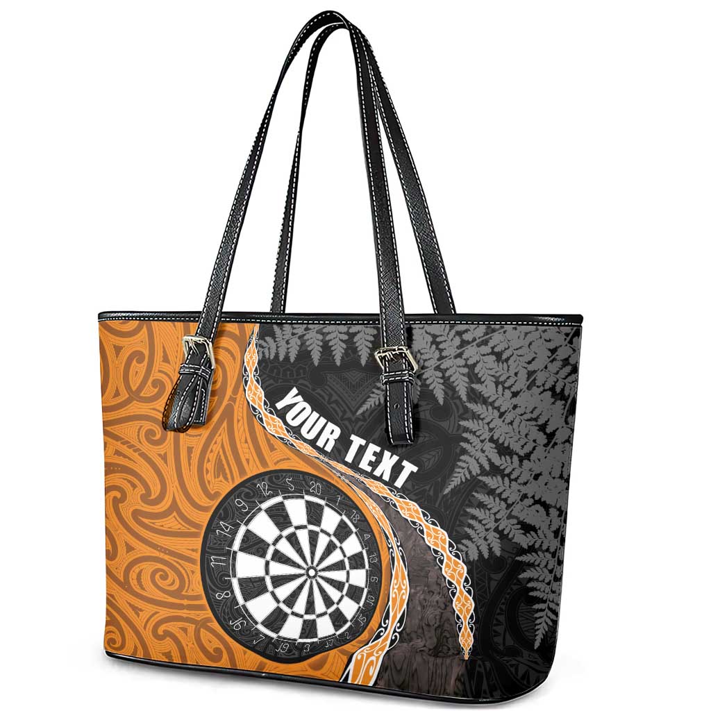 Personalised New Zealand Darts Leather Tote Bag Koru Tribal Tattoo and Silver Fern Maori Pattern Orange Color LT03 - Polynesian Pride