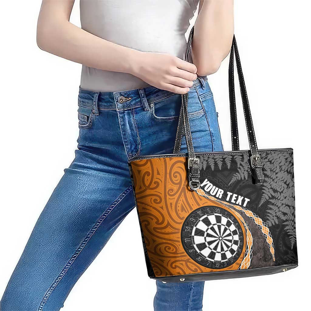 Personalised New Zealand Darts Leather Tote Bag Koru Tribal Tattoo and Silver Fern Maori Pattern Orange Color LT03 - Polynesian Pride