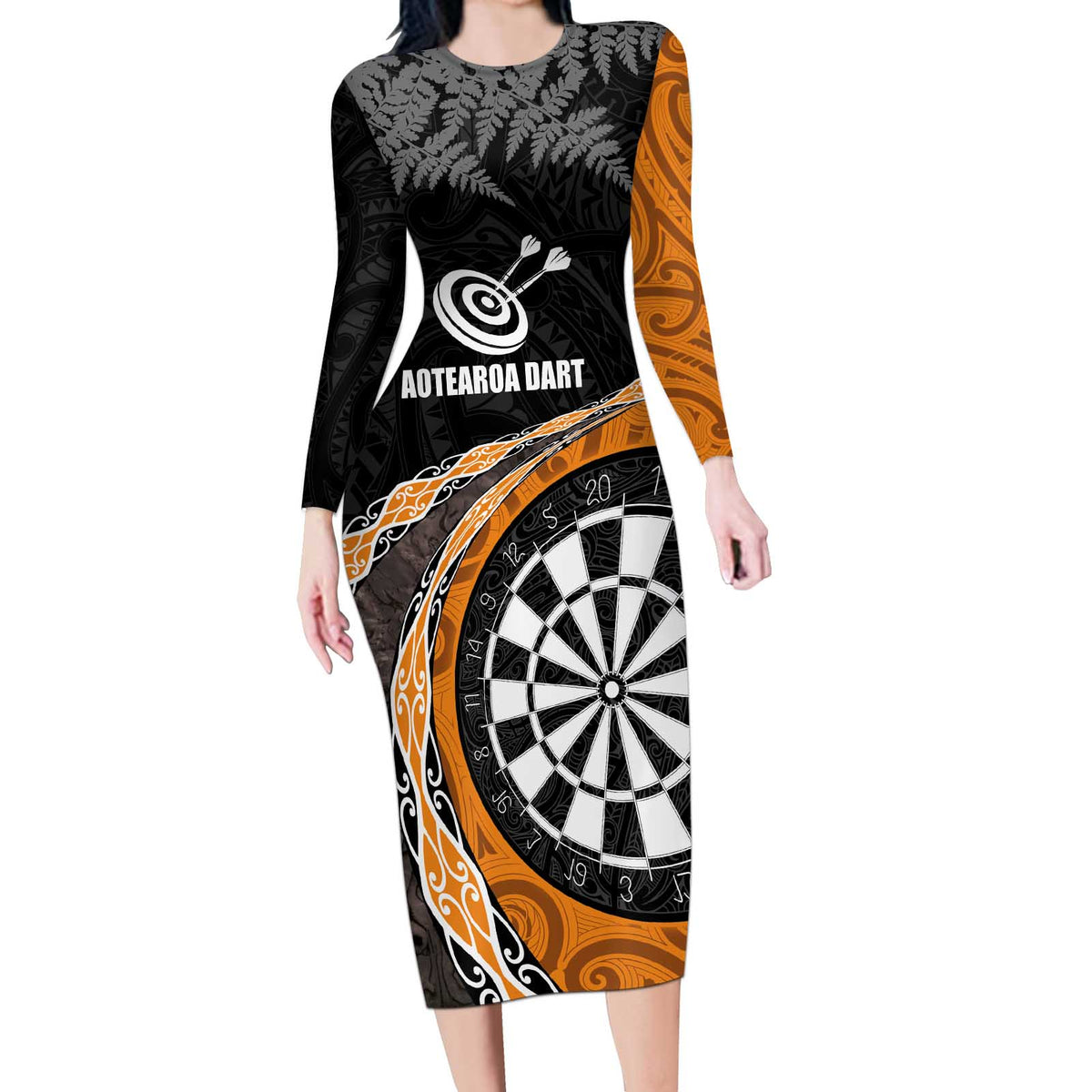 Personalised New Zealand Darts Long Sleeve Bodycon Dress Koru Tribal Tattoo and Silver Fern Maori Pattern Orange Color LT03 Long Dress Orange - Polynesian Pride