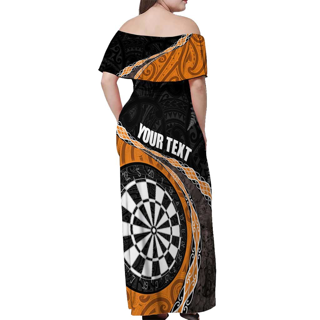 Personalised New Zealand Darts Off Shoulder Maxi Dress Koru Tribal Tattoo and Silver Fern Maori Pattern Orange Color LT03 - Polynesian Pride