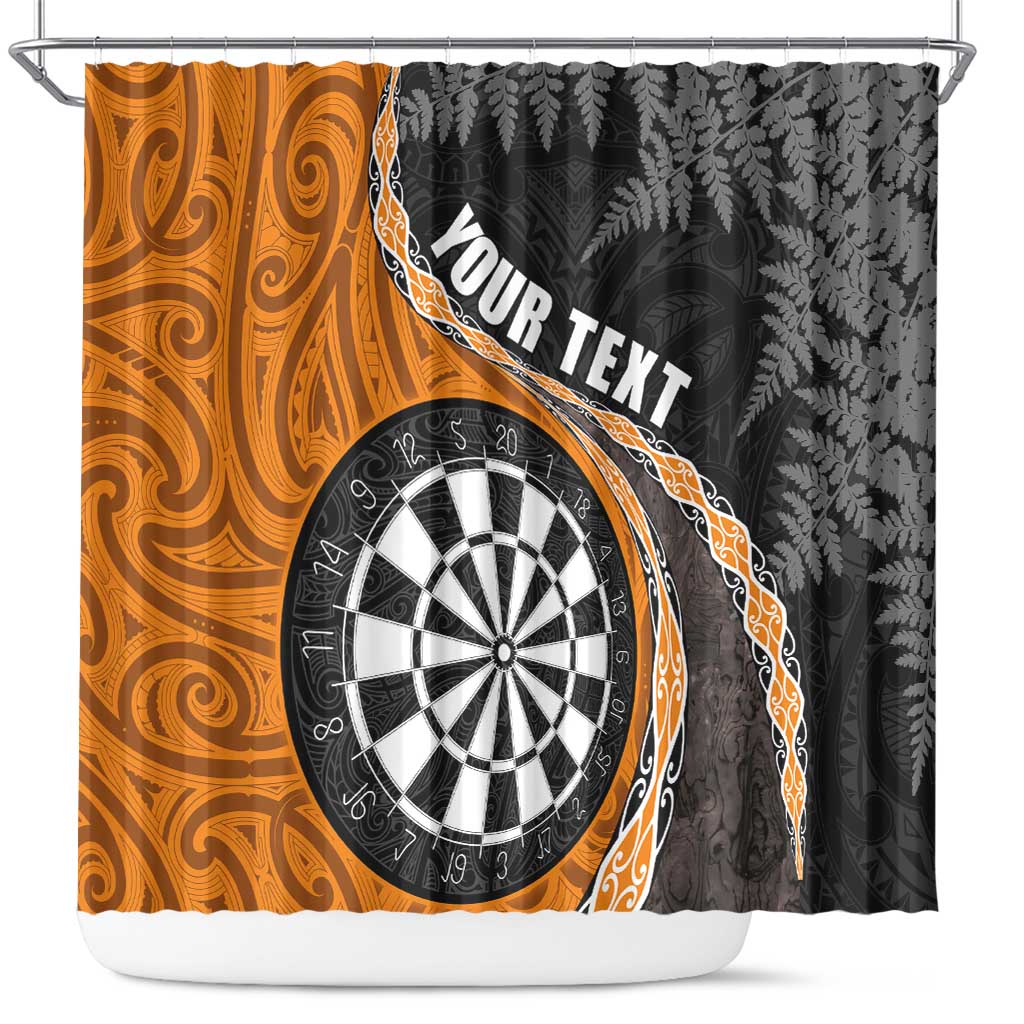 Personalised New Zealand Darts Shower Curtain Koru Tribal Tattoo and Silver Fern Maori Pattern Orange Color LT03 Orange - Polynesian Pride