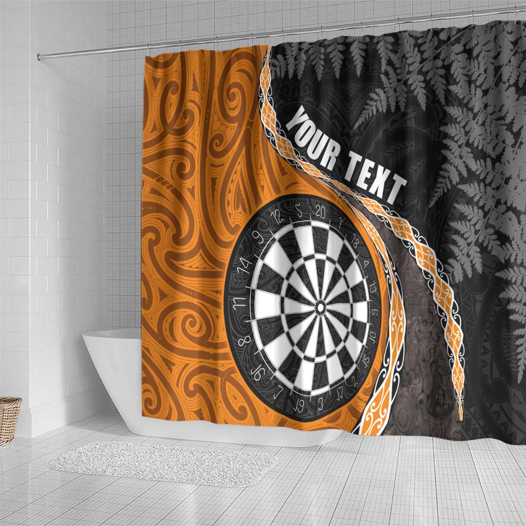 Personalised New Zealand Darts Shower Curtain Koru Tribal Tattoo and Silver Fern Maori Pattern Orange Color LT03 - Polynesian Pride